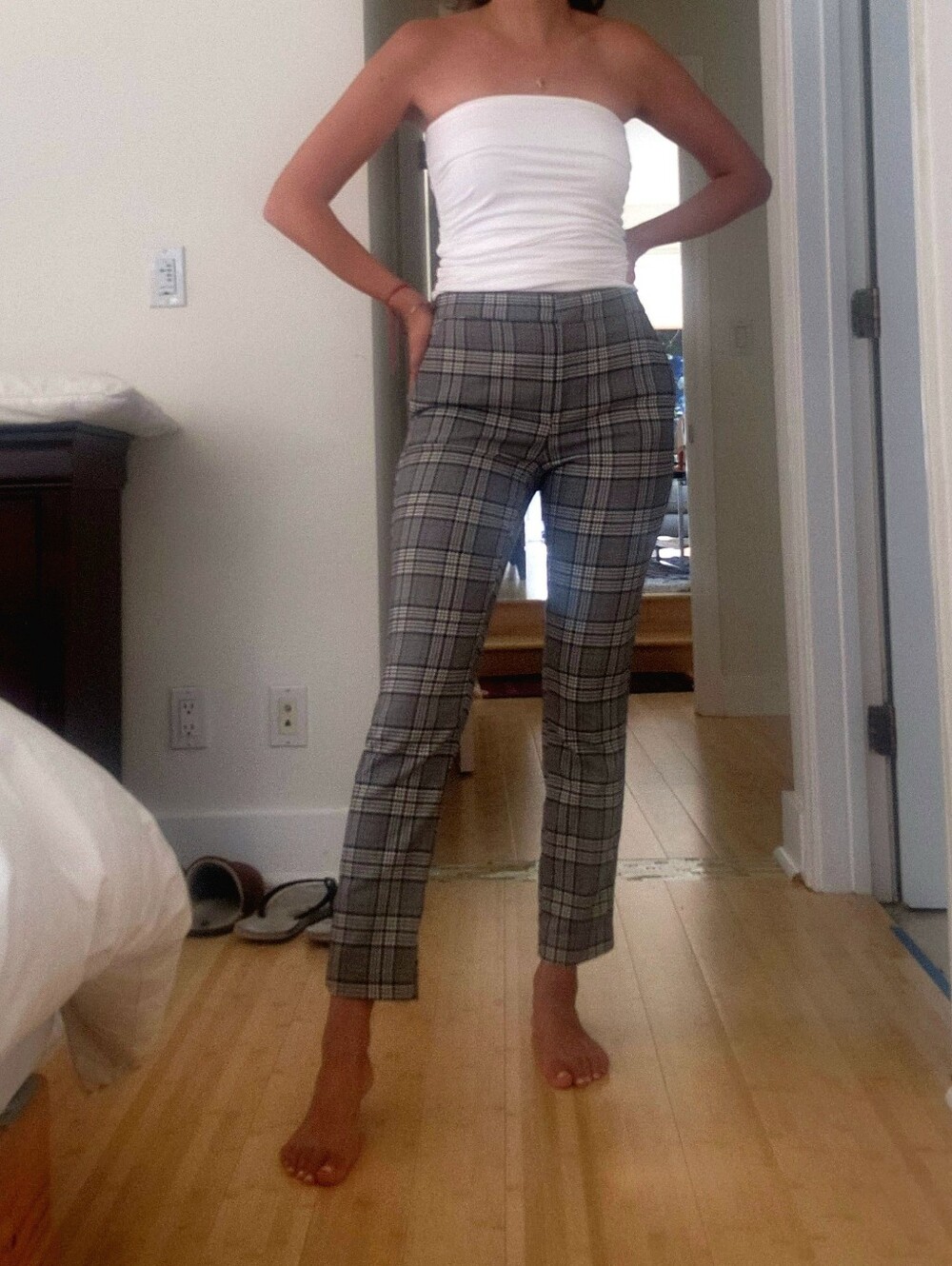 Zara Navy Plaid Straight-Leg Ankle Mid-Rise Office Casual Lightweight Pants